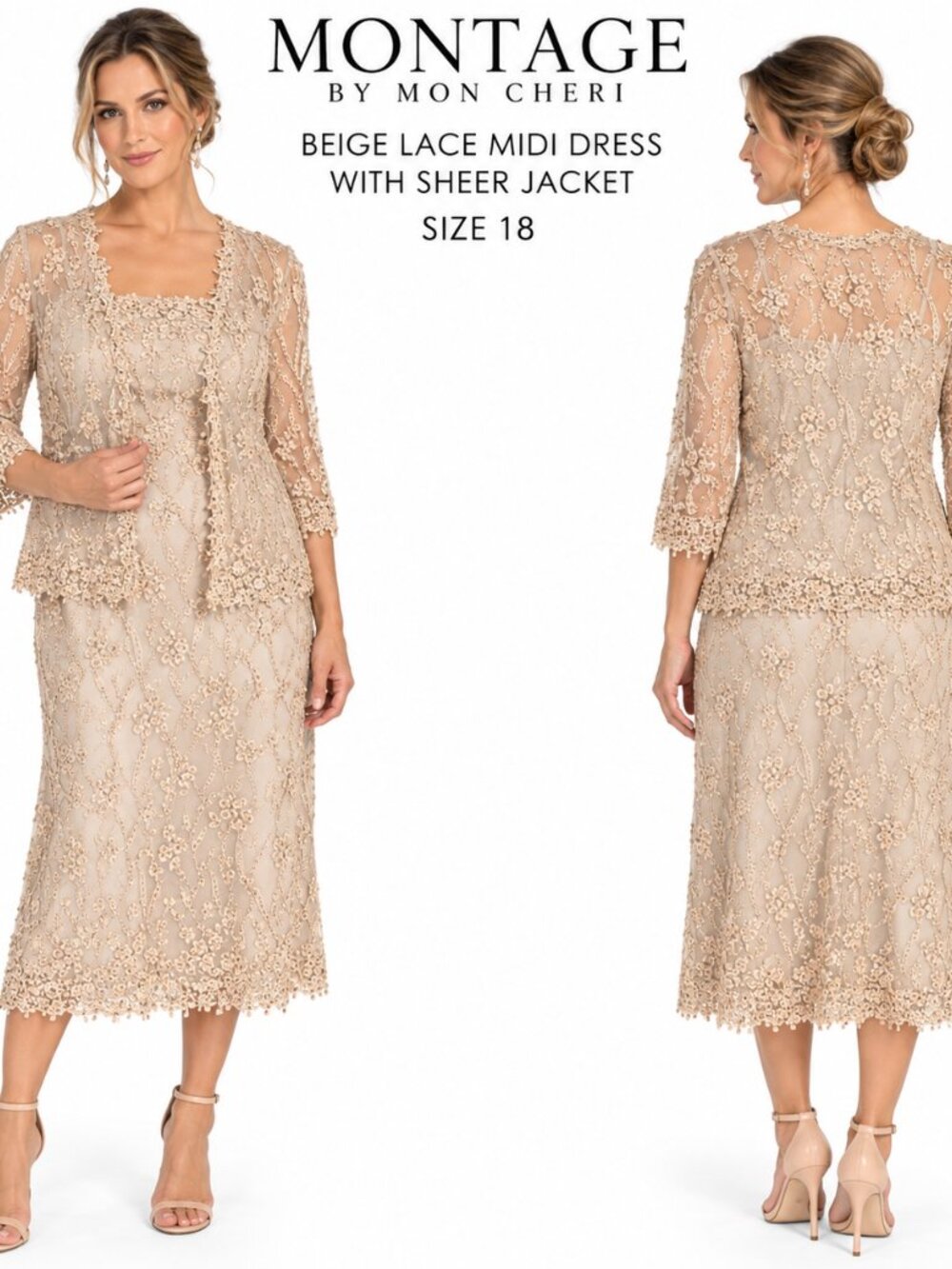 MONTAGE BY MON CHERI VINTAGE BEIGE LACE MIDI DRESS JACKET SIZE 18